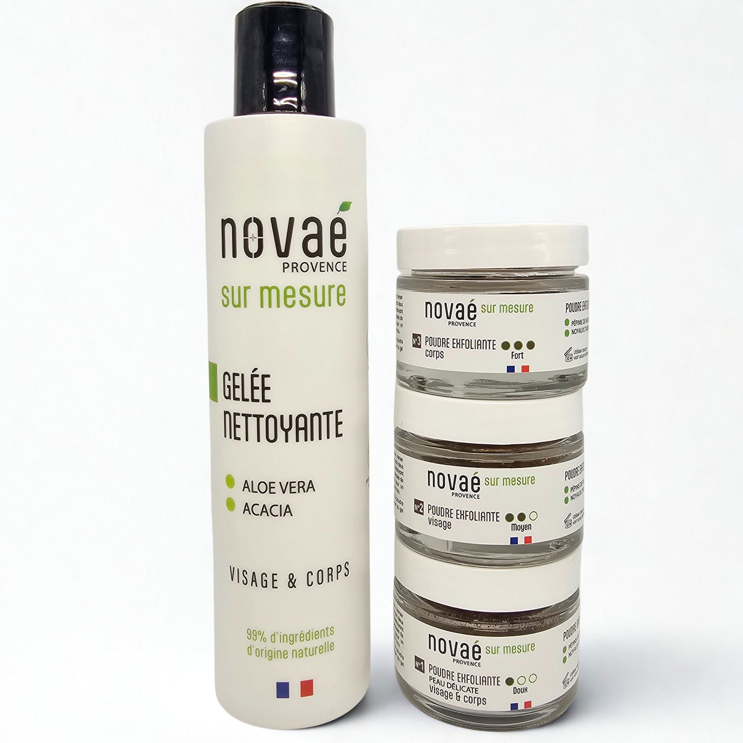 Pack 1 Gelée Nettoyante + 3 Exfoliants (Peau Délicate, Visage & Corps)
